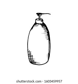 Bottle for liquid soap or lotion. Sketch. Vector. Isolated on a white background. Decor element.