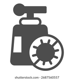 Garrafa de sabão líquido e sem emblema de bactéria ícone sólido, conceito de higiene. Gráficos vetoriais. Sinal de garrafa de sabão no fundo branco, ícone de estilo de glifo para design móvel ou web
