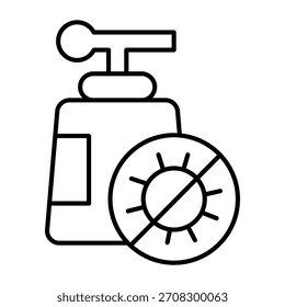 Bottle of liquid soap and no bacteria badge thin line icon, hygiene concept. Vector graphics. Soap bottle sign on white background, outline style icon for mobile or web design