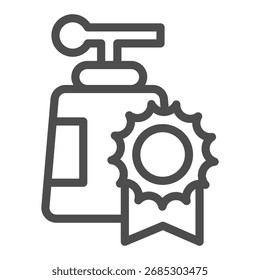 Botella de jabón líquido con icono de línea de cinta de sello, concepto de higiene. Gráficos de Vector. Signo líquido del jabón y de la insignia en el fondo blanco, icono del estilo del contorno para el móvil o el Diseño web