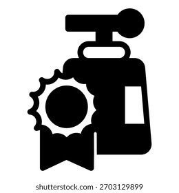 Botella de jabón líquido con cinta de sello icono sólido, concepto de higiene. Gráficos de Vector. Signo líquido del jabón y de la insignia en el fondo blanco, icono del estilo del glifo para el móvil o el Diseño web