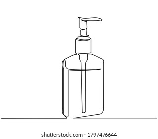 bottle with liquid soap.Continuous one line drawing. Spray bottle one line drawing on white isolated background. Vector illustration. Continuous line drawing of antiseptic in a bottle. Covid-19.