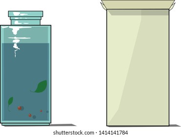 A bottle of liquid stands next to an open package. There is a liquid inside the glass container. There are floating berries and leaves.
