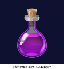 Bottle with liquid violet potion magic elixir game icon GUI. Vector illstration for app games user interface isolated cartoon style