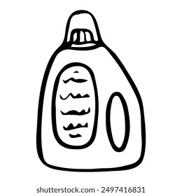 Bottle of liquid washing powder hand drawn doodle. Cleaning dirty things at home. Laundry room. Vector outline line art illustration.