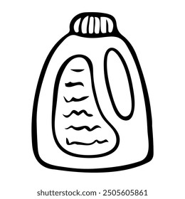 Bottle of liquid washing powder hand drawn doodle. Cleaning dirty things at home. Laundry room. Vector outline line art illustration.