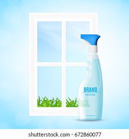 Bottle of the liquid for washing window. Window cleaning concept. 3d illustration. EPS10 vector