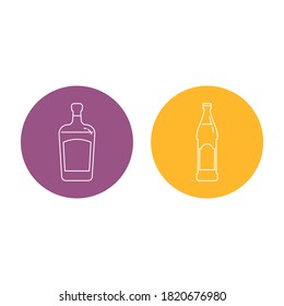 Bottle of liquor and beer in form of thin lines. Background is circle. Isolated object design beverage. Graphic illustration in flat style. Simple icon for restaurant, pub, party. Vector.
