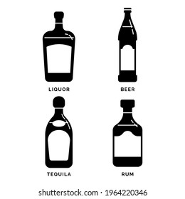 Bottle liquor beer tequila rum as silhouette. Alcohol drink drawing. Black white. Decoration element. Bar menu design. Symbol, logo. Isolated illustration white background. Drink element. Vector.
