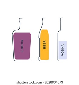 Flaschenglocken, Bier und Wodka im linearen Stil auf weißem Hintergrund. Schwarz dünne Umrisse in Form eines Konturschattens und einer Farbfüllung. Moderne, flache Illustration. Circuit Drink Symbol. Vektorgrafik.
