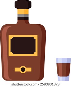 Bottle of liquor with a blank label stands next to a small shot glass containing brown liquor, suggesting a concept of alcohol consumption, bar culture, or relaxation