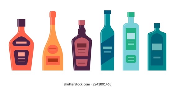 Botella de licor champagne tequila vodka shnapps gin. Diseño gráfico para cualquier propósito. Estilo plano. Forma de color. El concepto de la bebida de fiesta. Forma de imagen simple. Vector.
