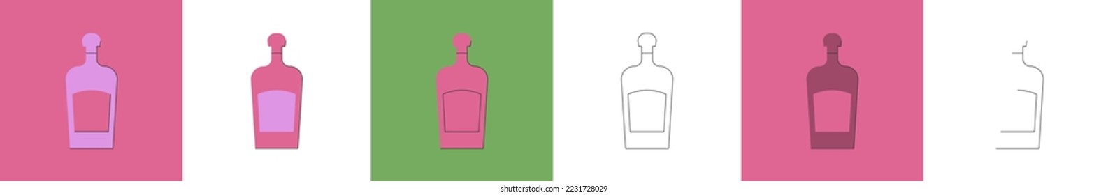 Bottle of liquor, great design for any purposes. Flat style. Party drink concept. Color icon bottle. Simple image shape with a thin line of shadow. Four types of object on different backdrop.
