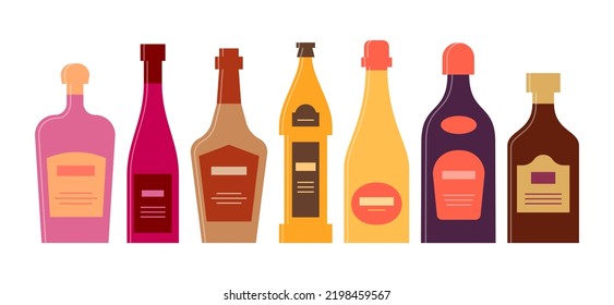 Bottle of liquor red wine whiskey beer champagne tequila rum. Graphic design for any purposes. Flat style. Color form. Party drink concept. Simple image shape. Vector.
