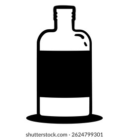Bottle of liquor is shown in a black and white drawing. The bottle is empty and has a label on it