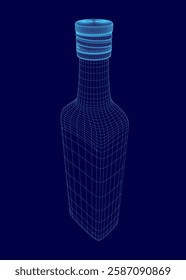 A bottle of liquor is shown in a blue background. The bottle is made of a clear material and has a blue cap. The bottle is shown in a 3D format, giving it a more realistic appearance