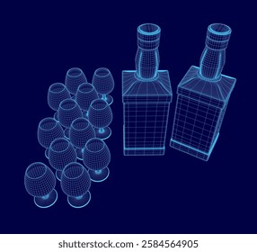 A bottle of liquor is shown with a bunch of glasses on a table. The bottle is in the middle of the table and the glasses are scattered around it. The scene gives off a relaxed and casual vibe