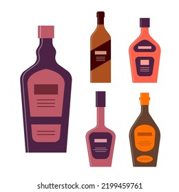 Bottle of liquor whiskey tequila rum cognac. Graphic design for any purposes. Flat style. Color form. Party drink concept. Simple image shape. Vector.

