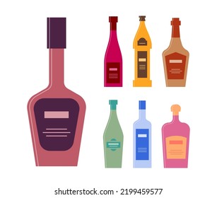 Bottle of liquor wine beer whiskey vermouth vodka rum. Graphic design for any purposes. Flat style. Color form. Party drink concept. Simple image shape. Vector.
