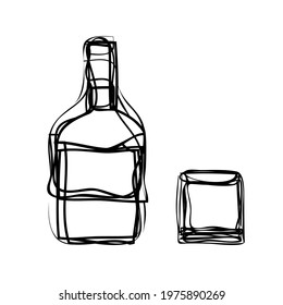 Bottle logo icon sign Shot glass symbol whiskey symbol emblem Hand drawn ink sketch Decoration concept Vintage design Cartoon game style Fashion print clothes apparel greeting invitation card poster