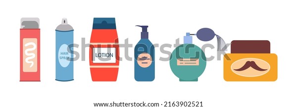 Bottle with lotion.\
Lotions Aftershave. After Shave Lotion. Tonic. Cologne. Micellar\
water. Flat vector illustration or icon set. Barber and barbershop.\
Perfume