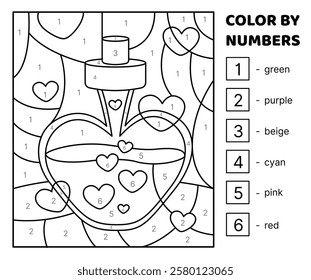 Bottle with love drink. Black and white. Color by number. Coloring page. Game for kids. Isolated vector illustration eps 10