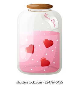 Bottle with love elixir and hearts. Valentine's day illustration for cards, stickers, posters