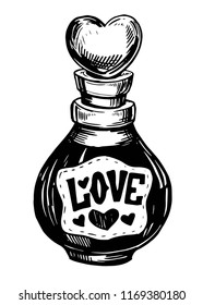 Bottle with love potion. Hand drawn illustration converted to vector.