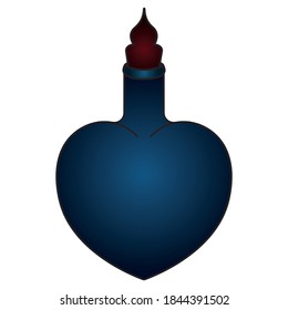 A bottle of love potion. Heart shaped vessel. Colored vector illustration. Isolated background. Cartoon style. A miraculous drink. Witch broth in a bottle. Halloween symbol. All Saints Day. 
