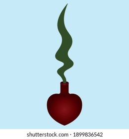 A bottle of love potion. Heart shaped vessel. Colored vector illustration. Isolated background. Valentines Day. Magic couples come out of the bubble. A flask of love potion. A miraculous drink. 