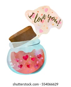 Bottle with love potion and 'I love you' text. Cute St.Valentine's day card. 