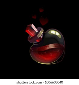 Bottle with love potion. Icon magic elixir for games . Vector design for app user interface. Design elements for Valentines day.