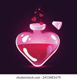 Botella con poción de amor. Icono elixir mágico. Elementos de diseño para el día de San Valentín. Amor. Ilustración vectorial.Juegos.Estilo de caricatura.