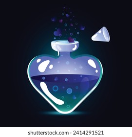 Bottle with love potion. Icon magic elixir.Design elements. Love. Vector illustration.Games.Cartoon style.Blue poison.