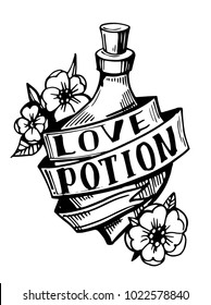 Bottle and love potion  Old school tattoo style  Hand drawn illustration converted to vector 