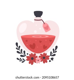 Bottle with love potion or love perfume. Valentines day, love, romantic concept. Vector illustration