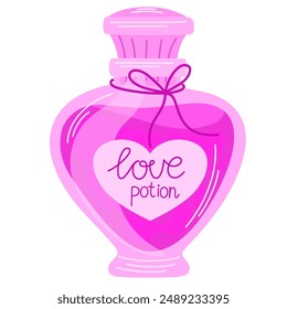 Bottle of love potion. A pink potion in a glass jar. Vector fantasy and fairy tales object for design Halloween and of Valentine's Day.