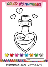 A bottle of love potion. Valentine's day. Color by number for kids. Educational games. Activity book. Printable.