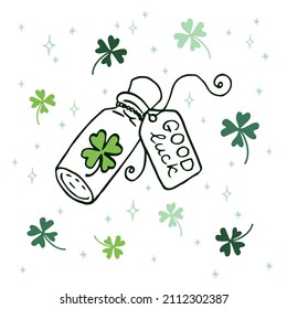 A bottle of luck, a potion that brings happiness. Clover vector sketch. Good luck lettering, signature, quote. Lucky, fortune, good luck wishes. Hand drawing background, banner, illustration, design.