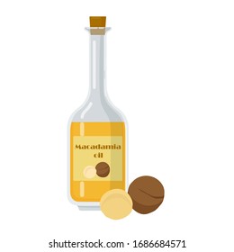 Frasco con aceite de macadamia y nueces aisladas en fondo blanco. Recipiente de vidrio con corcho y etiqueta con imagen. Ilustración vectorial de alimentos saludables y orgánicos.