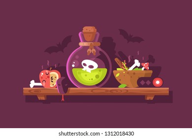 Bottle of magic acid green toxic poison with skull. Bane ingredients such as rotten apple bone snake amanita and poisonous berries vector illustration. Magic lab Halloween party flat style concept