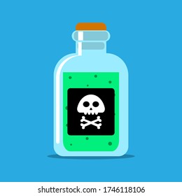 Bottle of magic acid green toxic poison with skull. Vector cartoon illustration icon design.