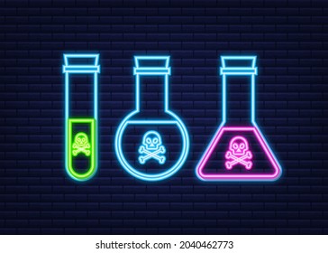 Bottle of magic acid toxic poison with skull. Neon icon. Vector stock illustration.
