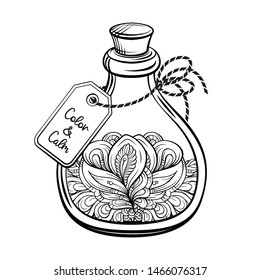Bottle with magic calming potion. Black and white vector graphic. Antistress coloring page.