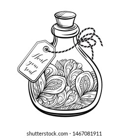 Bottle with magic calming potion. Black and white vector graphic. Antistress coloring page.