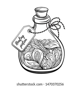 Bottle with magic calming potion. Black and white vector graphic. Antistress coloring page.
