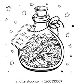 Bottle with magic calming potion. Black and white vector graphic. Antistress coloring page.