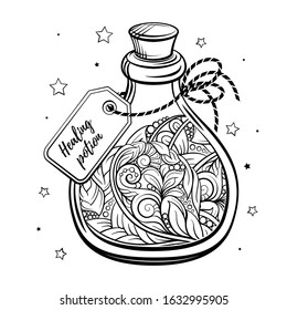 Bottle with magic calming potion. Black and white vector graphic. Antistress coloring page.