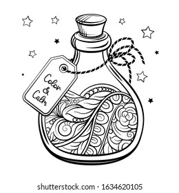 Bottle with magic calming potion. Black and white vector graphic. Antistress coloring page.