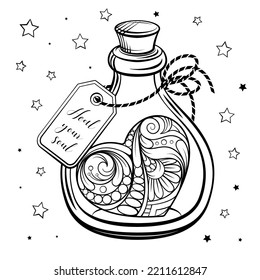 Botella con poción mágica para calmar. Gráfica vectorial en blanco y negro. página de coloreado antiestrés.